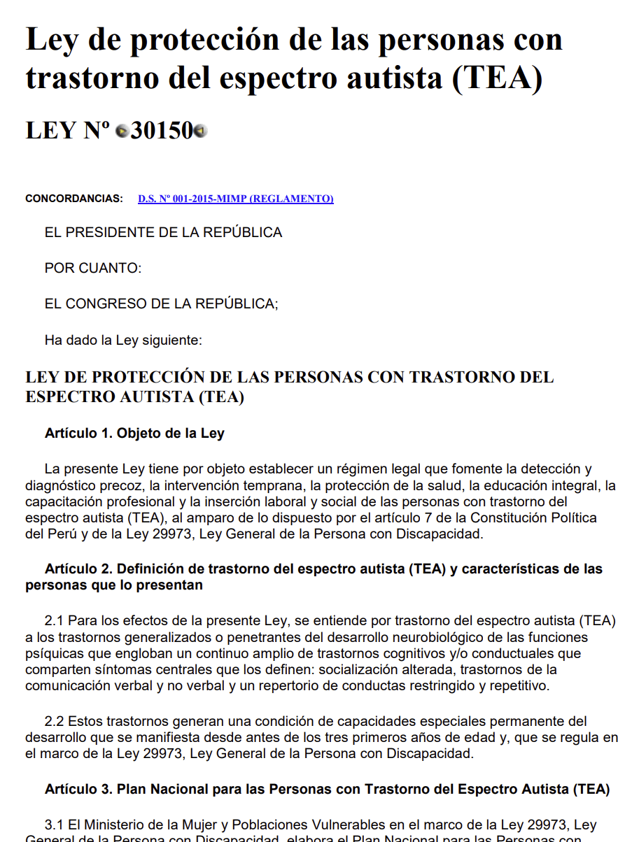 [Pérou] Ley de protección de las personas con trastorno del espectro autista (TEA) – Ley N° 30150