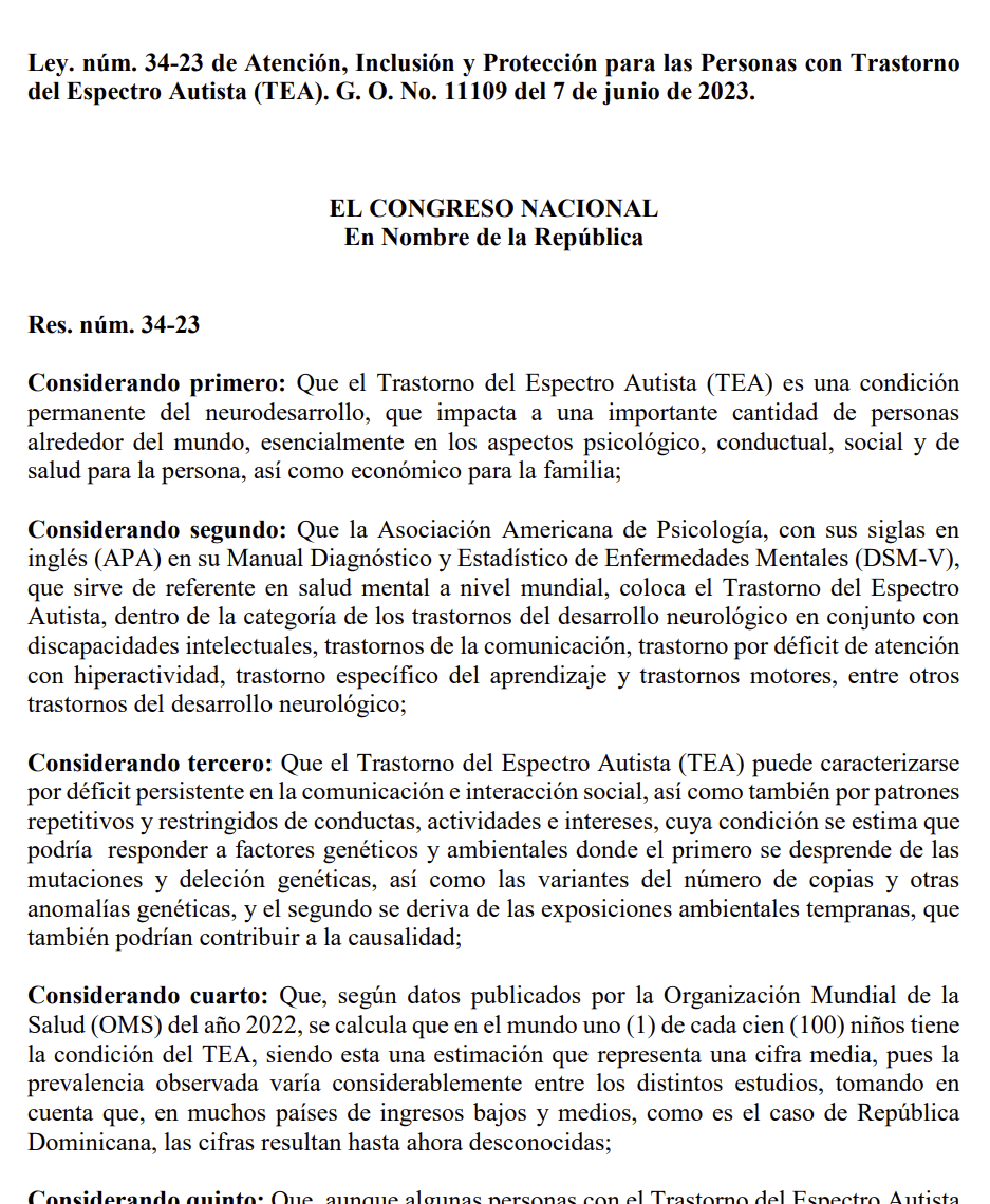 [République Dominicaine] Ley N° 34-23 de Atención, Inclusión y Protección para las Personas con Trastorno del Espectro Autista (TEA)