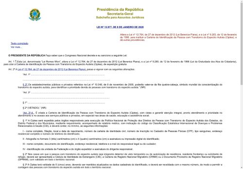 [Brésil] Lei sobre a ‘Carteira de Identificação da Pessoa com Transtorno do Espectro Autista (CipTEA)’