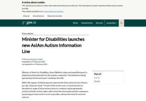 [Irlande] Minister for Disabilities launches new AsIAm Autism Information Line (Gov.ie, 2022)