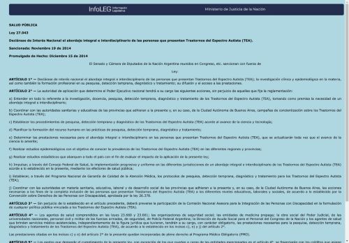 [Argentine] Ley 27.043 ‘Declárase de Interés Nacional el abordaje integral e interdisciplinario de las personas que presentan Trastornos del Espectro Autista (TEA)’
