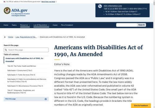 Americans with Disabilities Act of 1990, As Amended