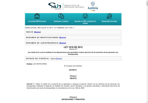 LEY 1618 DE 2013 por medio de la cual se establecen las disposiciones para garantizar el pleno ejercicio de los derechos de las personas con discapacidad