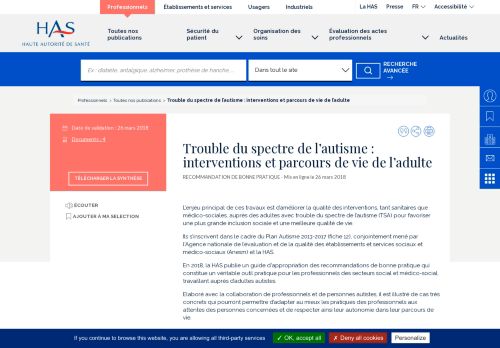 [France] Recommandation de bonnes pratiques « Trouble du spectre de l’autisme : interventions et parcours de vie de l’adulte » (Haute Autorité de Santé, 2017)